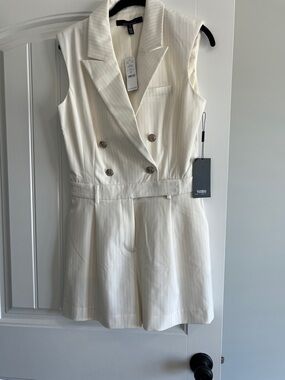 White House Black Market Cream Pinstripe Sleeveless Double-Breasted Romper